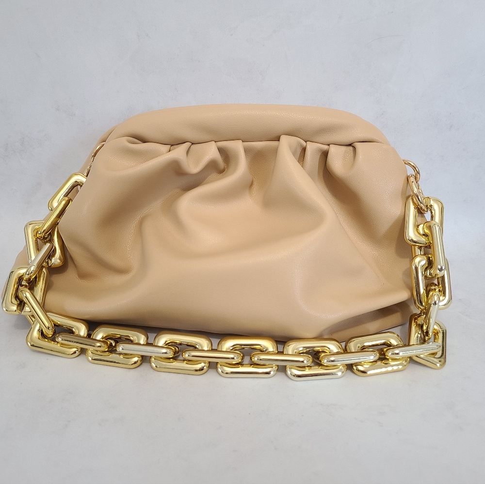 Faux Leather Dumpling Clutch with Chain Link Strap